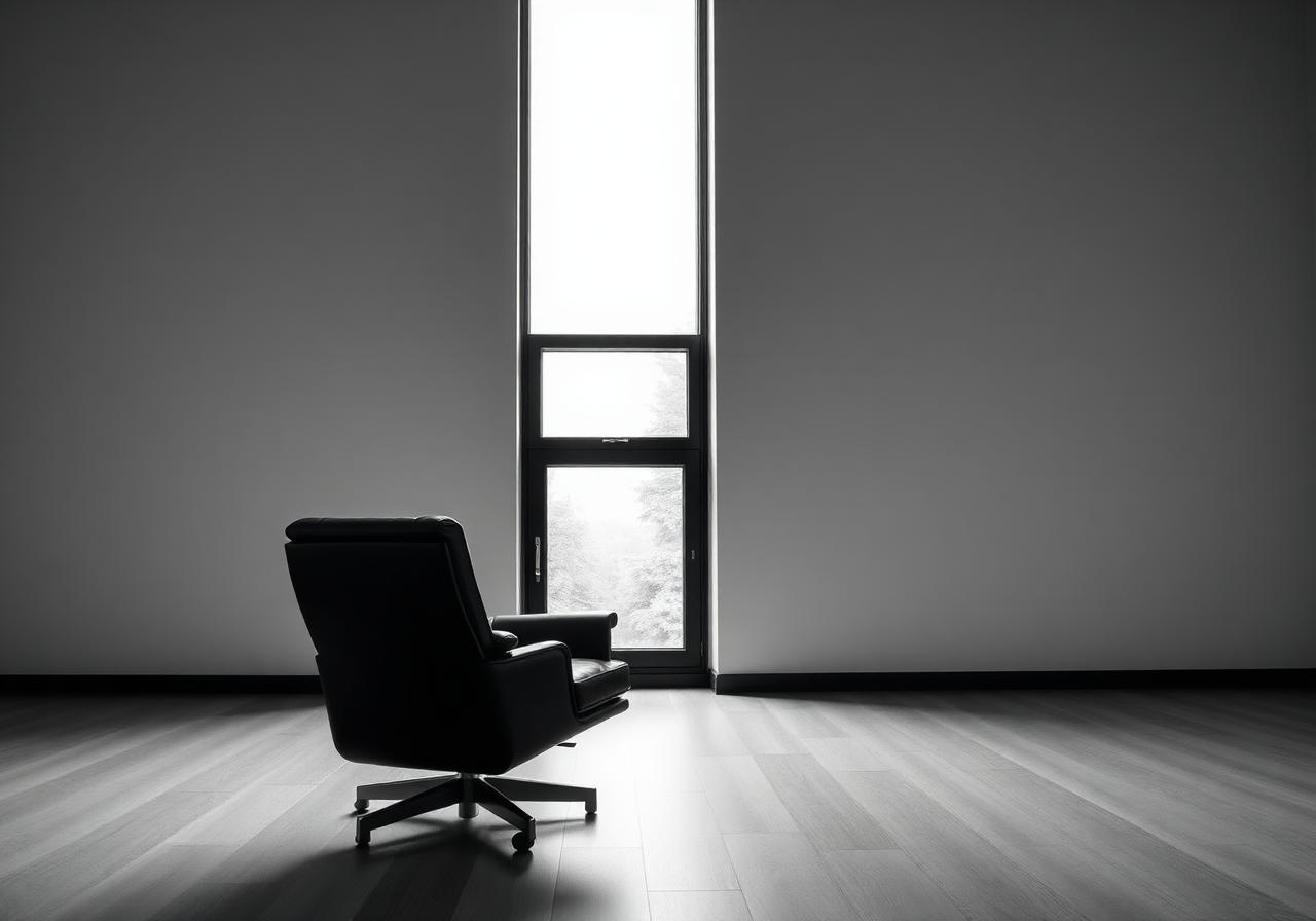Despacho ejecutivo minimalista con sillón de piel y luz natural